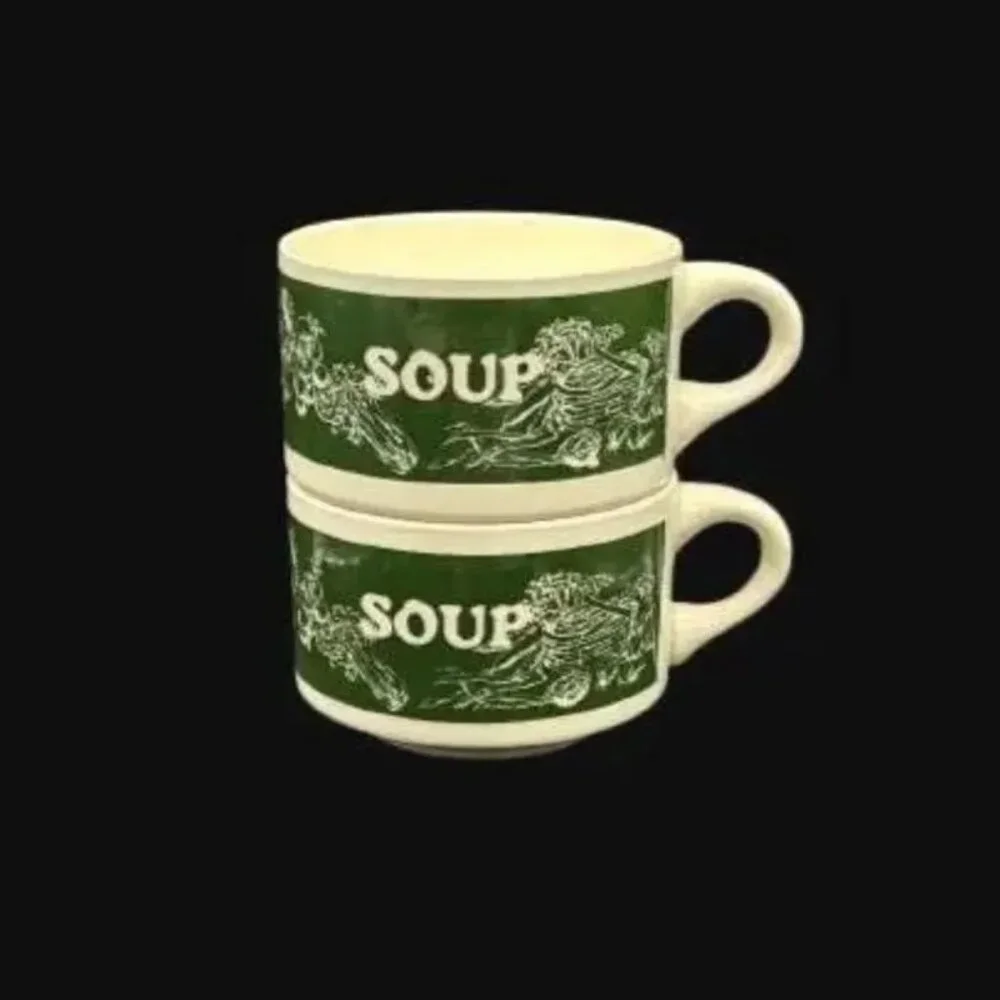 Vintage 1970's USA Pottery Vegetable Soup Mug Bowl Green Set of 2 - Picture 1 of 5